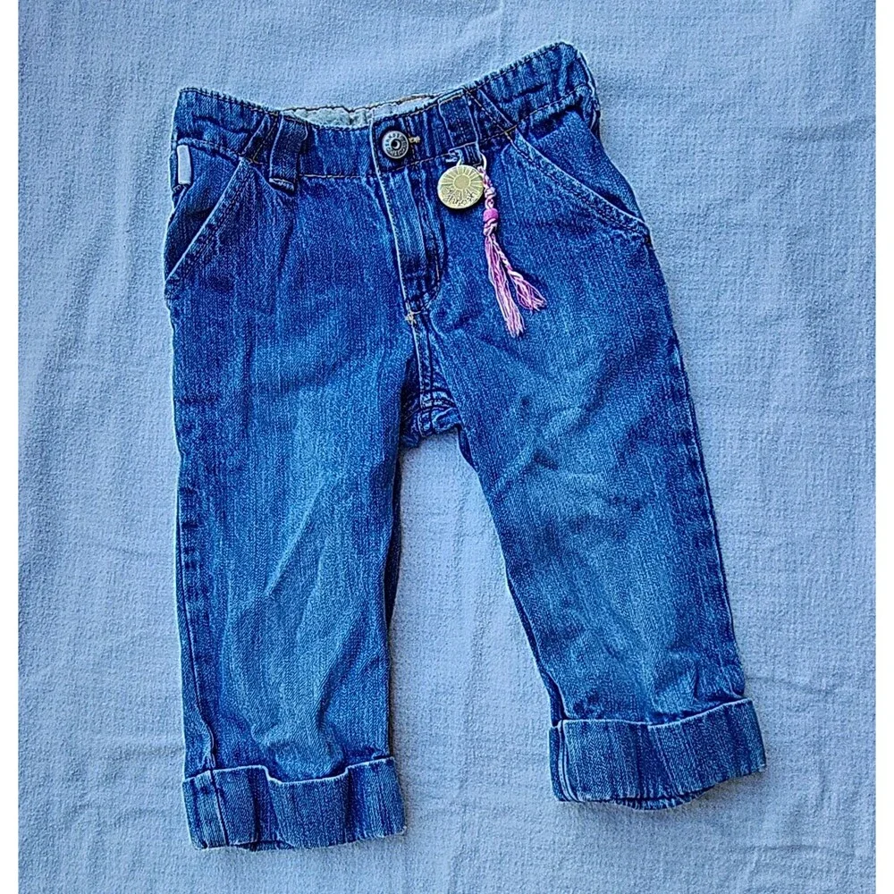 VTG OshKosh Bgosh 4T Denim Jeans Cuffed Pink Braid Sun Charm Y2K Toddler Girl